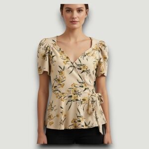Meraki Womens Top S Floral Wrap Peplum Cream Yellow Short Sleeve Soft Girl